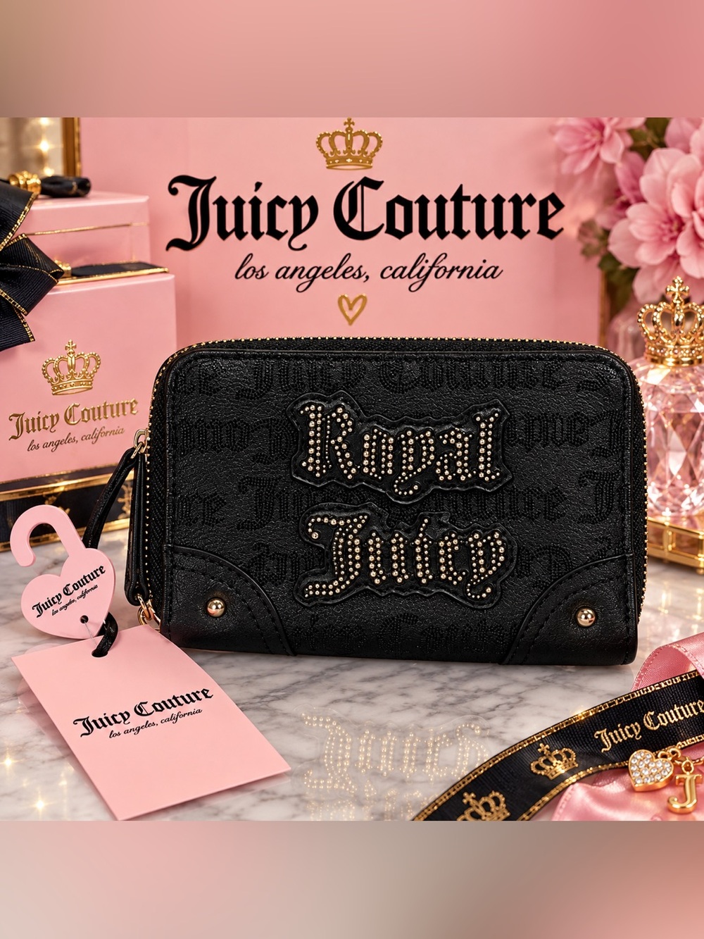 Juicy Couture Black 'Royal Juicy' Studded Zip Wallet NWT